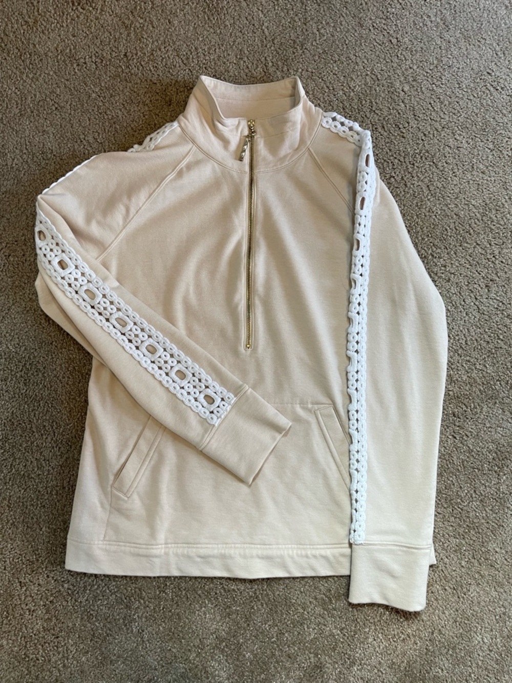 Lilly Pulitzer Cream Half-Zip Sweatshirt with White Crochet Trim